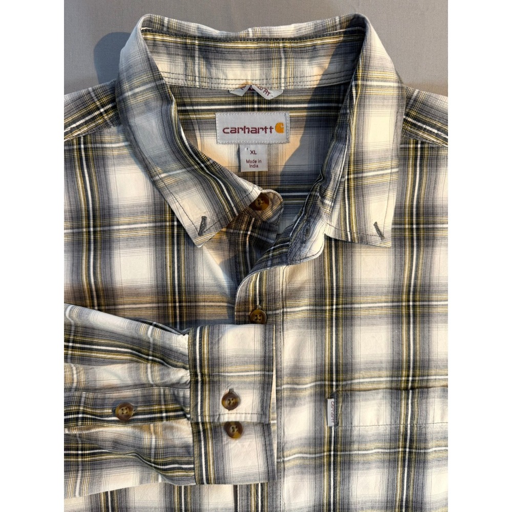 Carhartt Mens XL Plaid Button Down Shirt Long Sleeve Grey Yellow Regular
